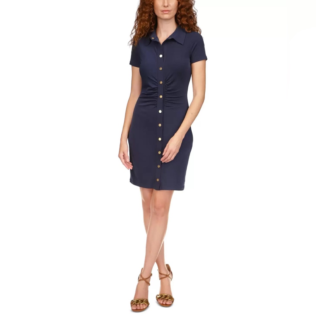 Michael Kors Ruched-Front Navy Mini Dress With Gold Buttons. Size Xs
